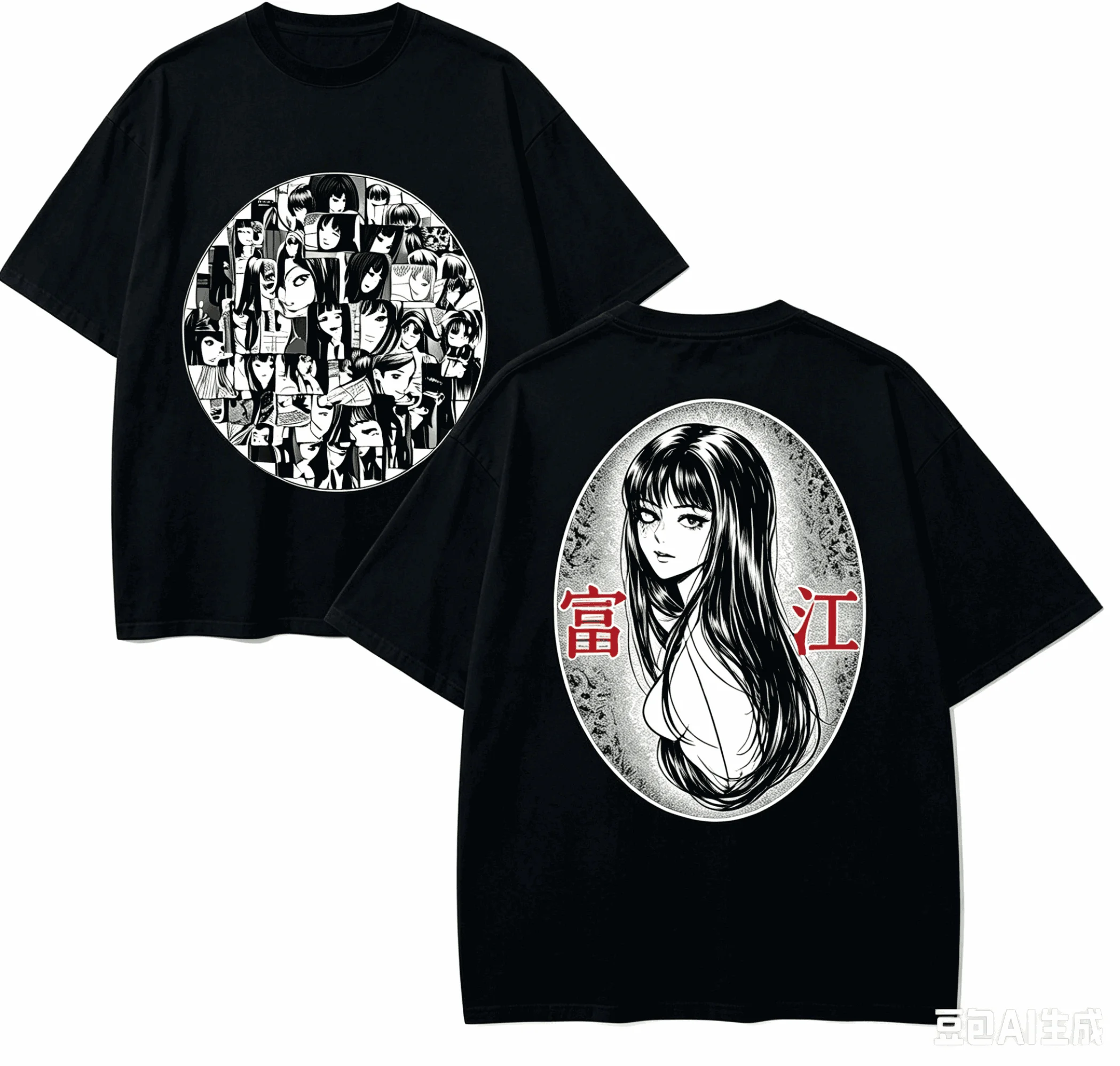 T-shirt graphique noir unisexe surdimensionné Y2K Streetwear en coton, motif manga d'horreur double face Tomie Junji Ito, collection été 2026