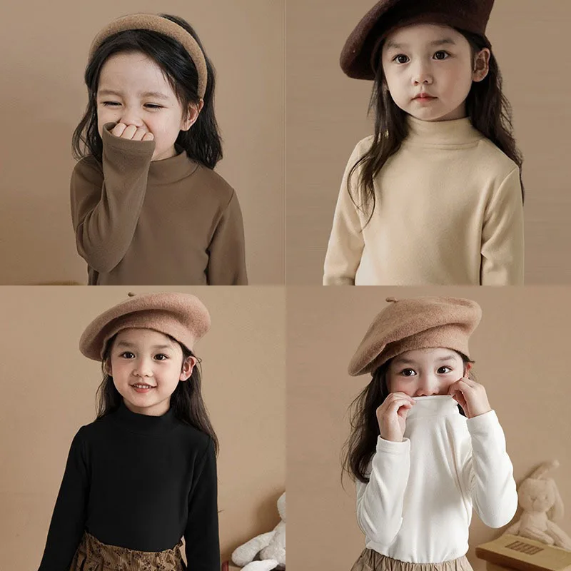 Girls Shirt Spring and Autumn Winter Kids Tees Velvet Semi-turtleneck Tops Children's Long-sleeved T-shirt