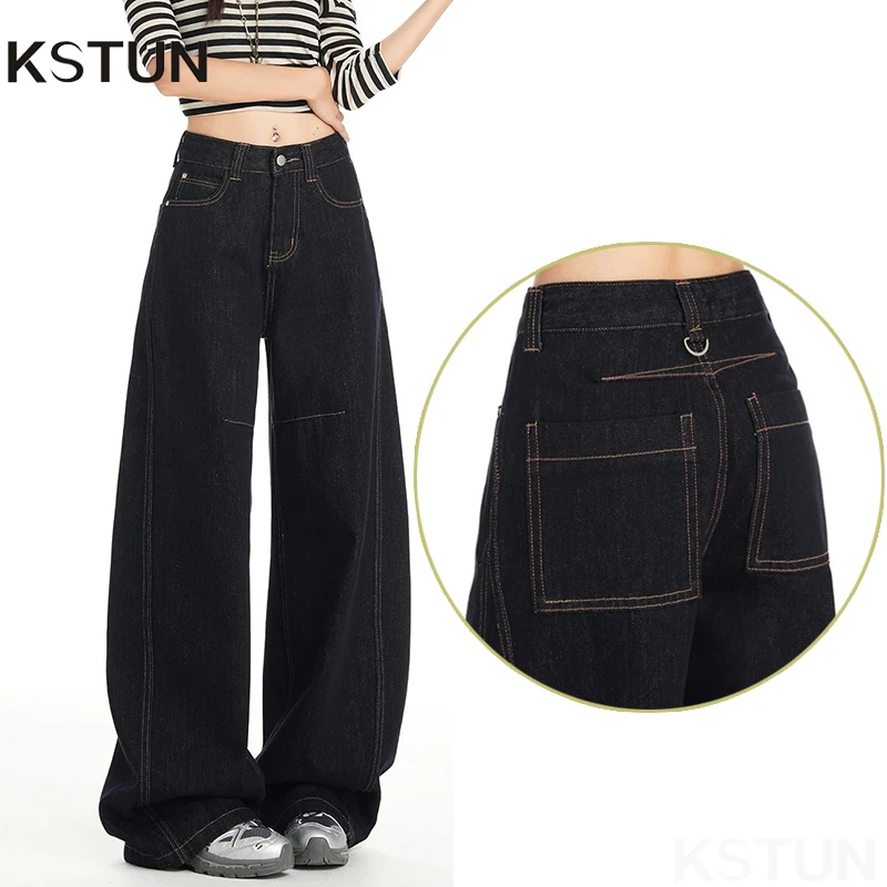 KSTUN 2026 Women Black Jeans High Waisted Wide Leg Denim Pants Vintage Streetwear Fashion Pockets Straight Leg Women's Trousers