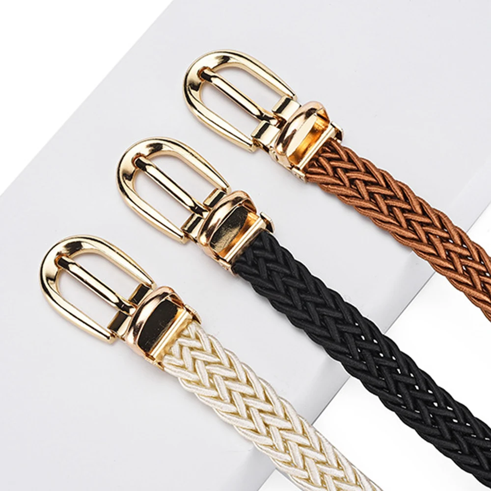 Braided Waist Belt Metal Buckle Female Belt Vintage Fake Straw Wide Belts Waist Strap Detachable Alloy Buckle Weave Waist Belt