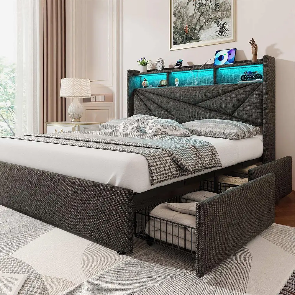 

LED King Size Bed Frame with 4 Storage Drawers, holstered King Bed Frame with 2Tier Headboard and Charging Station, No Box Sp