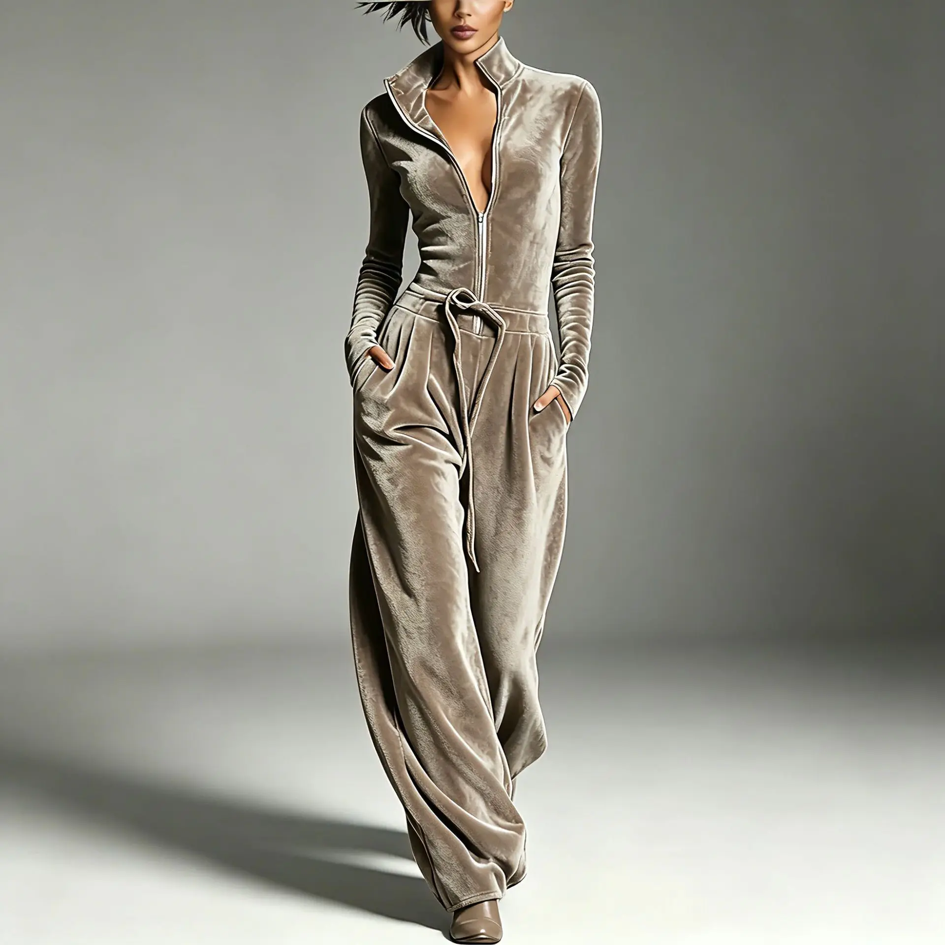 2026 Europäischer und Amerikanischer Cross-Border Damen-Neuheiten-Herbst-Winter-Trend-Freizeitkleid mit Stehkragen und Reißverschluss-Taillenbetonung – Detail 4