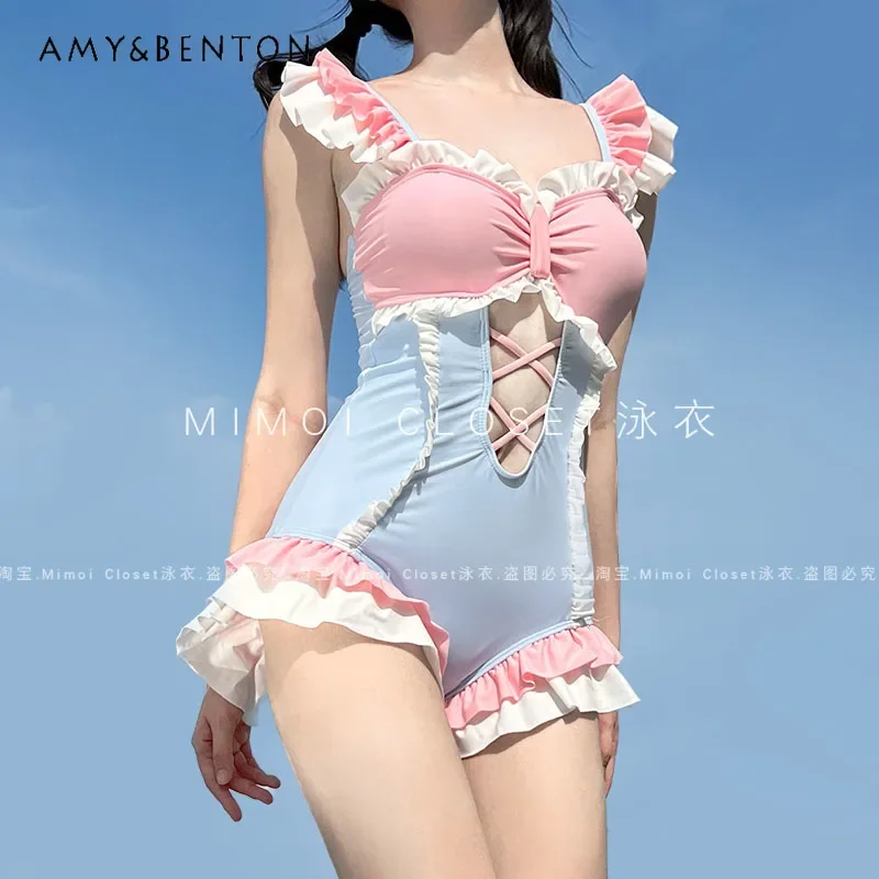 Dopamine Girl Lolita Cute Sexy One-piece Swimsuit Sweet Cute Ruffle Edge Hollow Sleeveless Swimwear Japanese Swimsuit Student