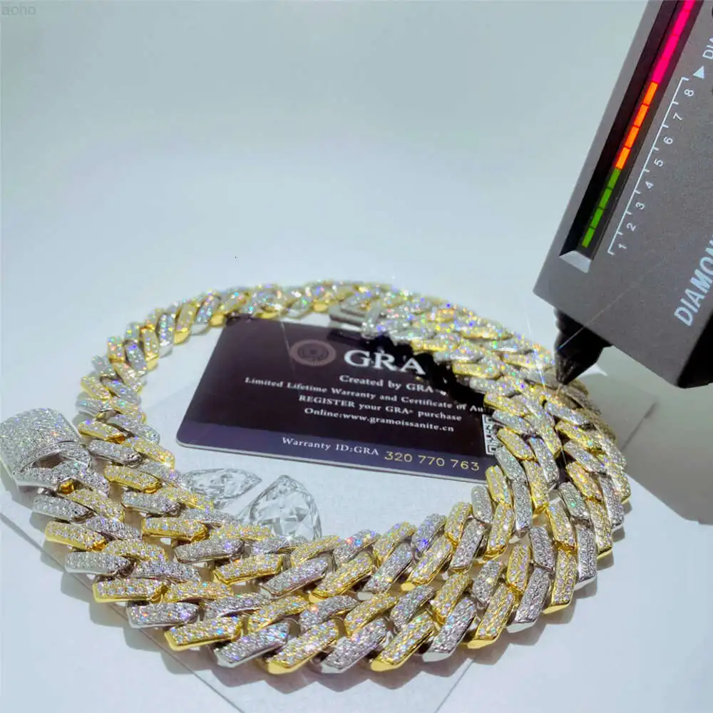 

Custom Gold Plated Two Tone Miami Cuban Link Chain 14mm 2 Row Vvs Moissanite Cuban Chain Bracelet Pass Diamond Test Men Necklace