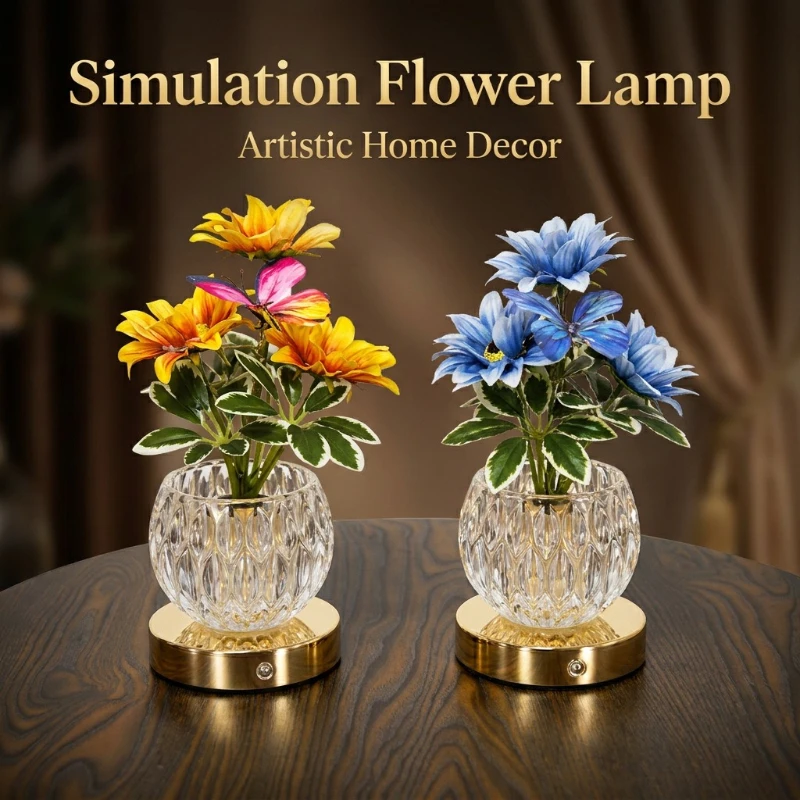 3-Color Touch Night Light, Rechargeable Artificial Flower with Glass Vase Lamp, Floral Desk Lamp Romantic Room Decor Gifts