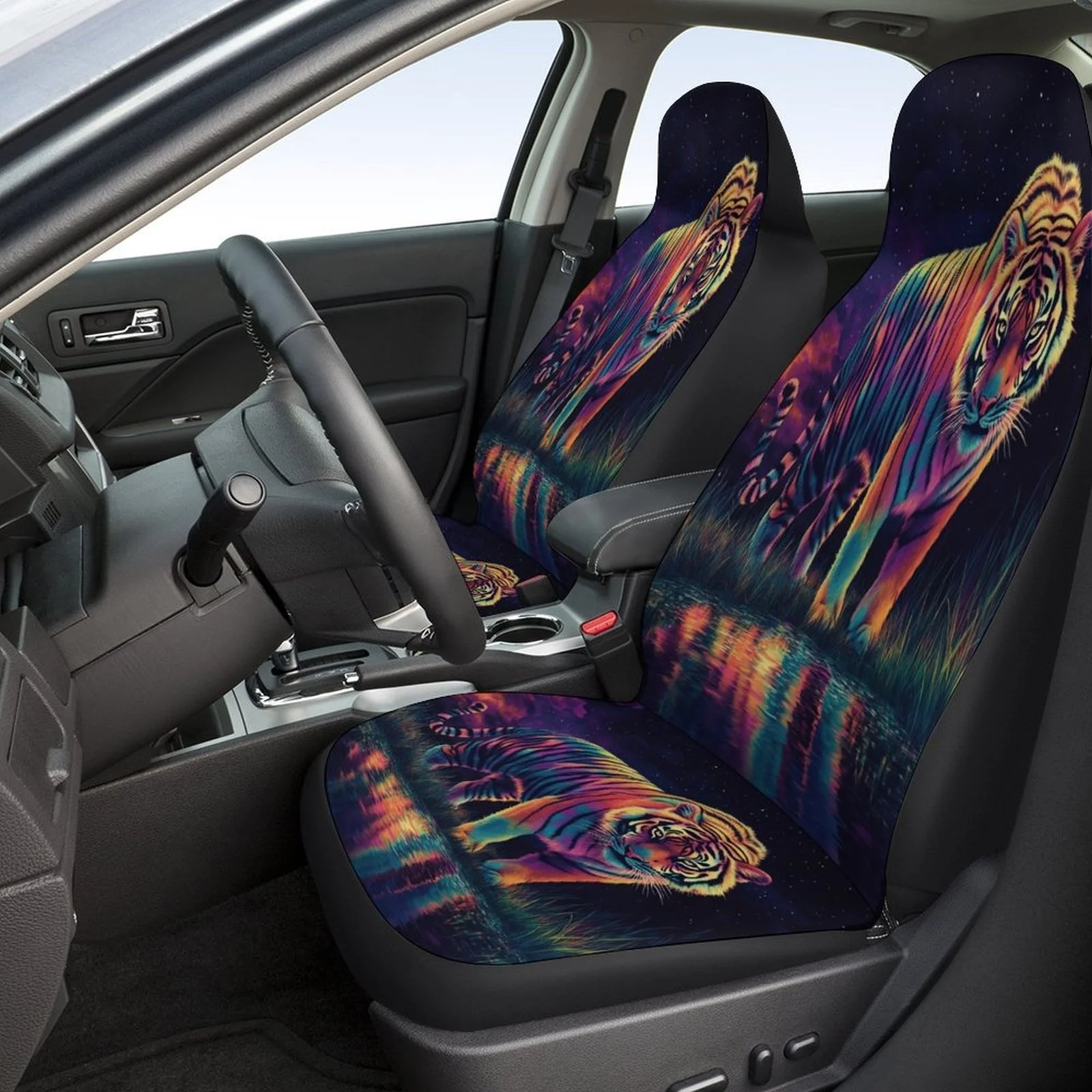 Set Of Car Seat Covers Featuring A Rainbow Tiger Design, Suitable For A Variety Of Vehicles. This Stylish And Unique Full Set In
