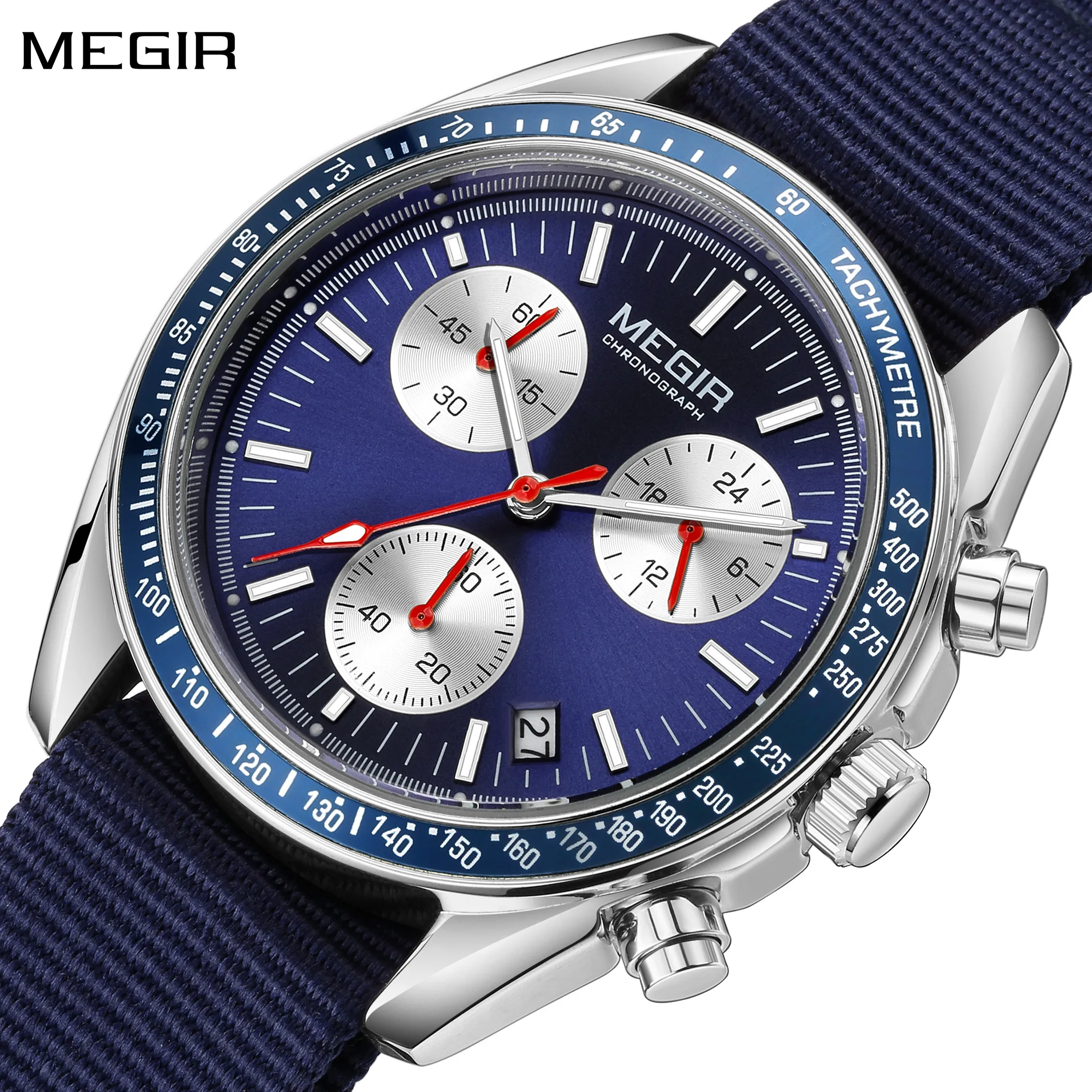 

MEGIR Luxury Quartz Watches for Men Blue Canvas Strap Sport Leisure Chronograph Luminous Waterproof Male Wristwatch Clock 2247