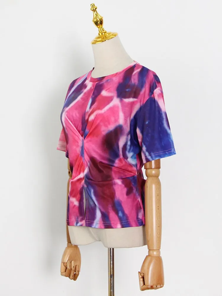 KBQ Colorblock Folds Split Chic T Shirt For Women Round Neck Short Sleeve Slimming Casual Pullover Tops Female Summer Clothes