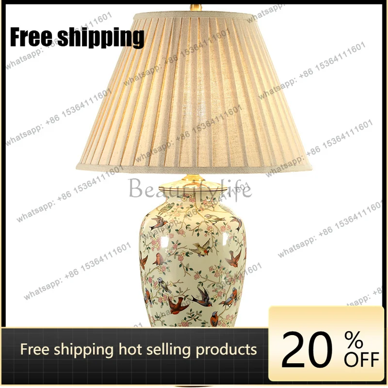 XX Vintage Country Ceramic Table Lamp Flower and Bird Ceramic Bedside Bedroom Study Hotel American Retro Creative Table Lamp