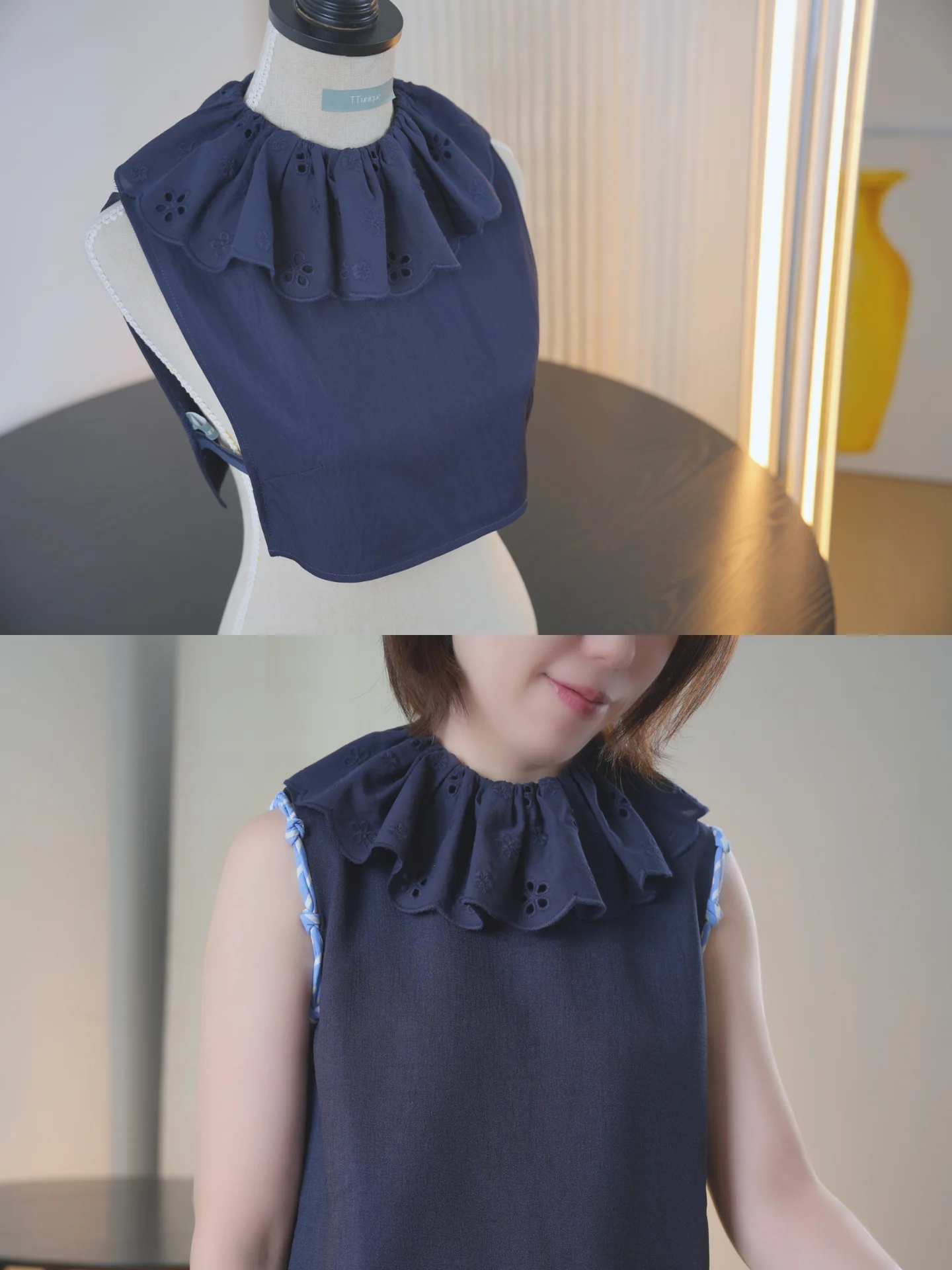 duvier-blue-45r-style-loose-design-poetic-lace-trim-inner-match-fake-collar-hidden-blue-casual-pure-color-shirt