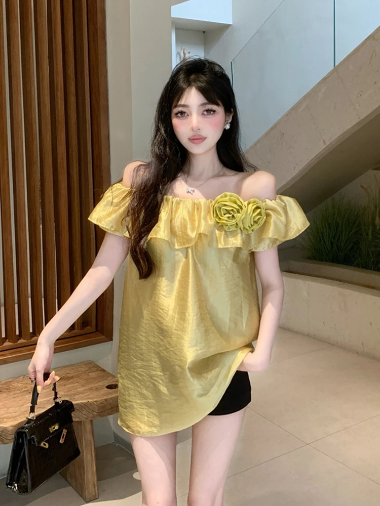 Solid Color Sweet Ruffles Spliced Blouse Women's Clothing Fashion Temperament Slash Neck Off Shoulder Shirt Female All-match