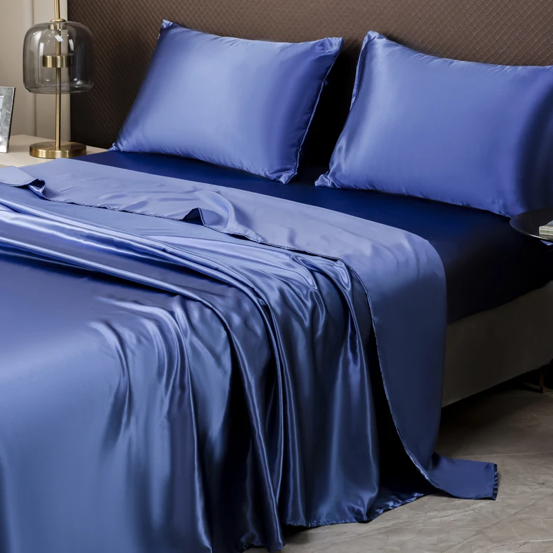 

High End Solid Satin Silky Sheets Set, Flat Sheet and Fitted Sheet and Pillowcase, US Size, Home Bedding, Single, Double 3/4pds