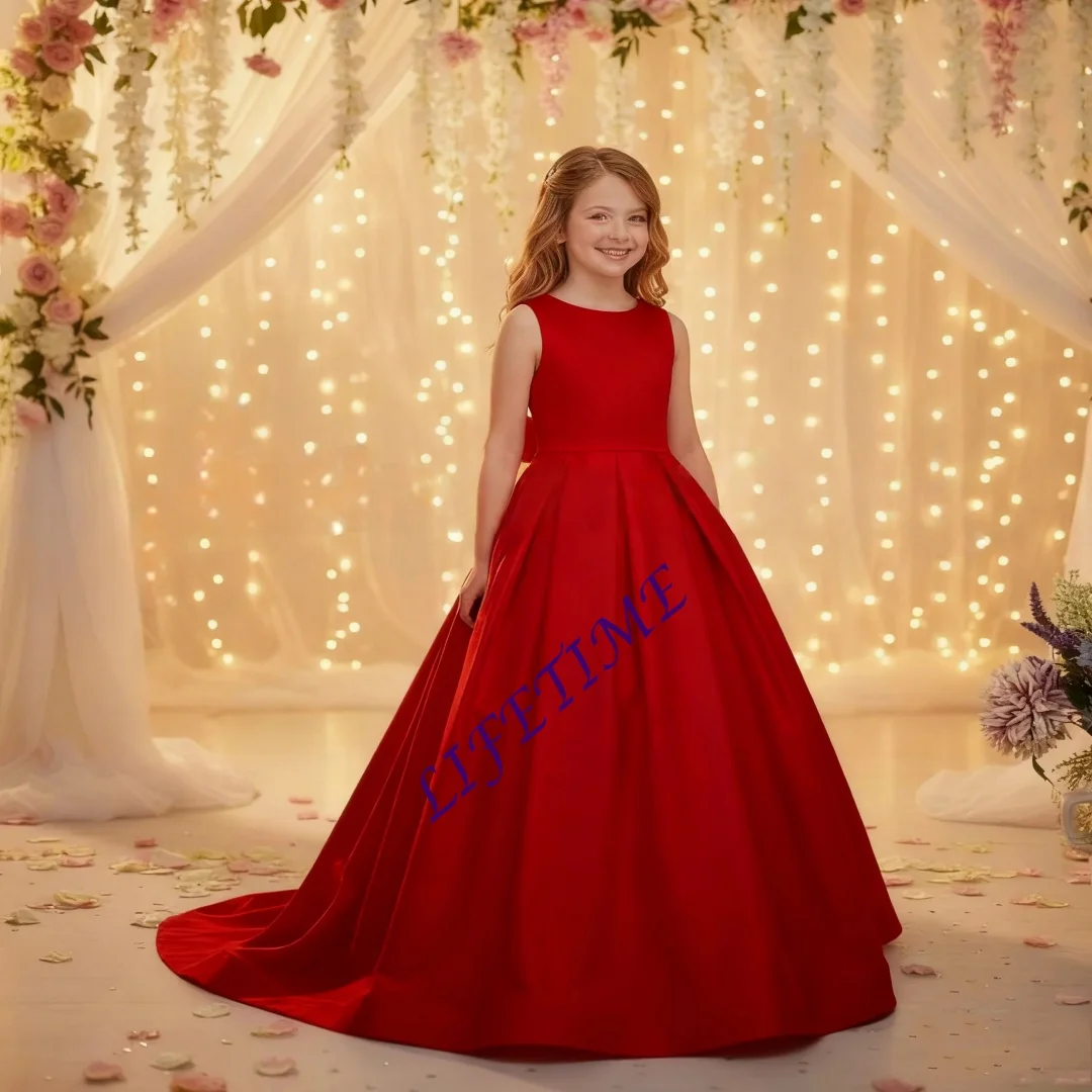 

Elegant Pink Satin Flower Girl Dress For Wedding Sleeveless With Bow Kids Birthday Party First Commuion Ball Gowns CusCustomized