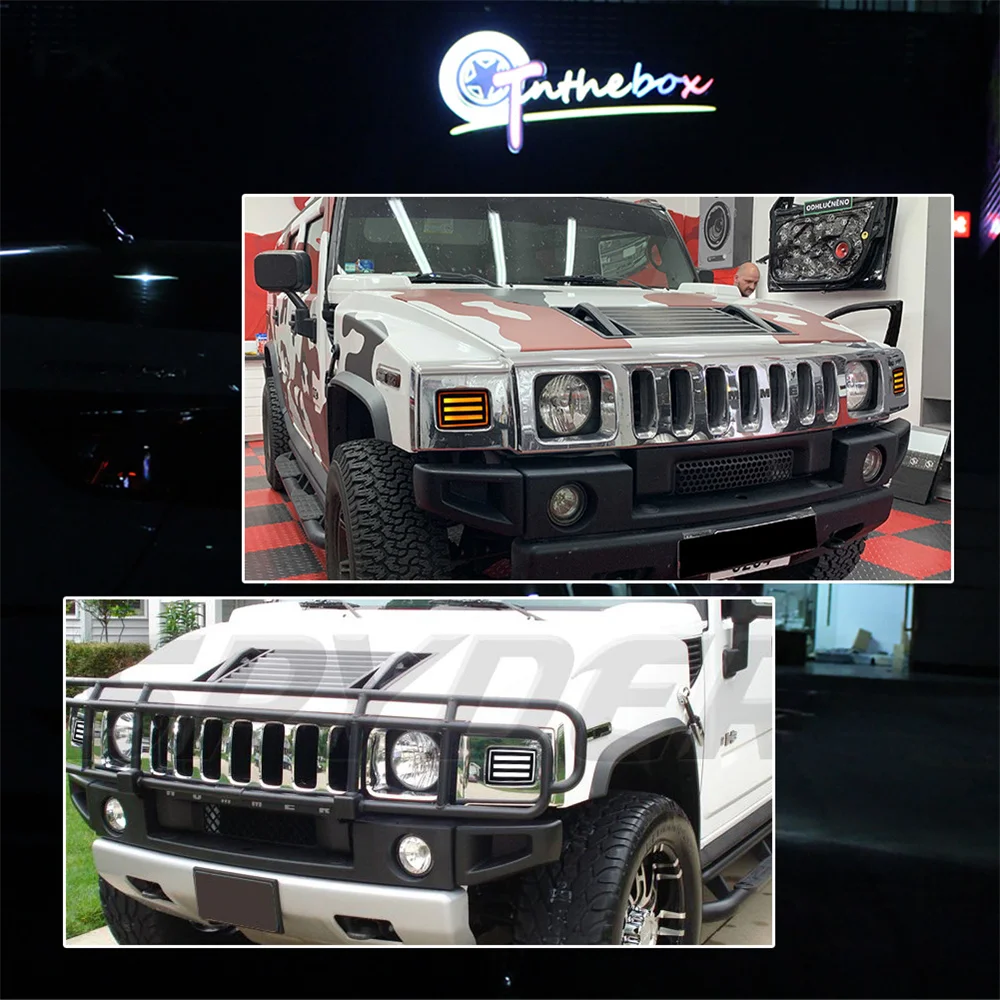 LED âmbar dinâmico com luzes de sinalização dianteiras estilo bandeira dos EUA e luzes de condução/corrida DRL brancas para Hummer H2 SUV SUT 2003-2009