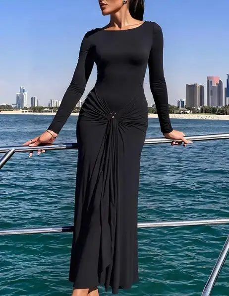 

2026 Spring/Summer New Women's Fashion Elegant Solid Color Long Sleeve Decorative Buckle Dress Women's Wear