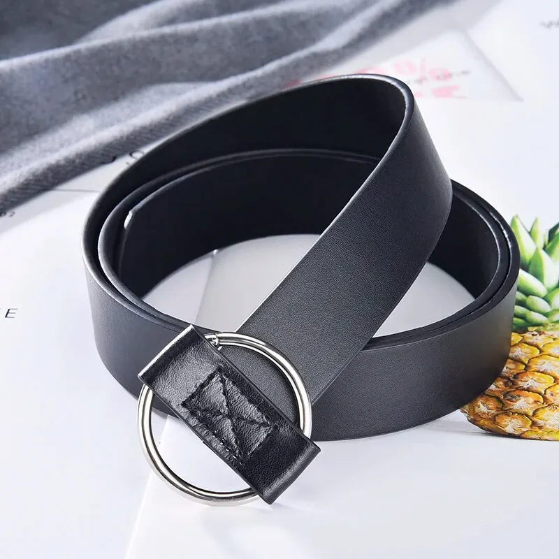 Cintura da donna Cintura non perforata alla moda con fibbia rotonda semplice Cintura casual in vera pelle PU con gonna Pantaloni Jeans Cintura da donna