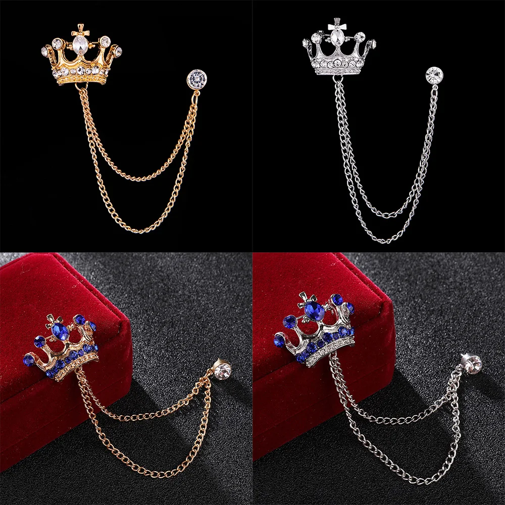 ASLSAW High-end Personality Fashion Men\'s Crown Brooch British Style Suit Chain Pin Badge Retro Female Corsage