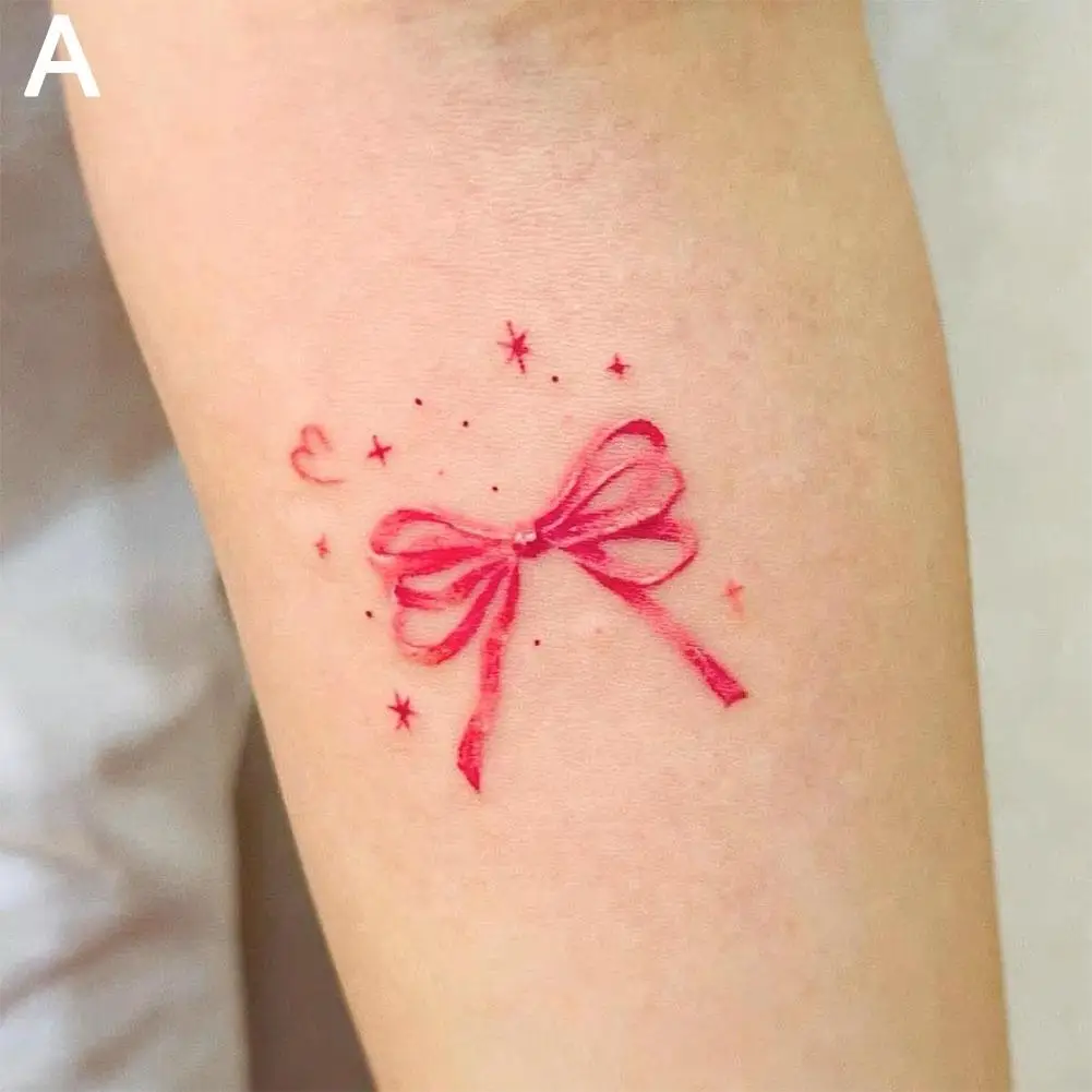 Tatuaje temporal de alta gama para mujer, arte de brazo de Bowknot rosa, tatuaje falso duradero, nuevo diseño de transferencia de agua, impermeable, N4H8