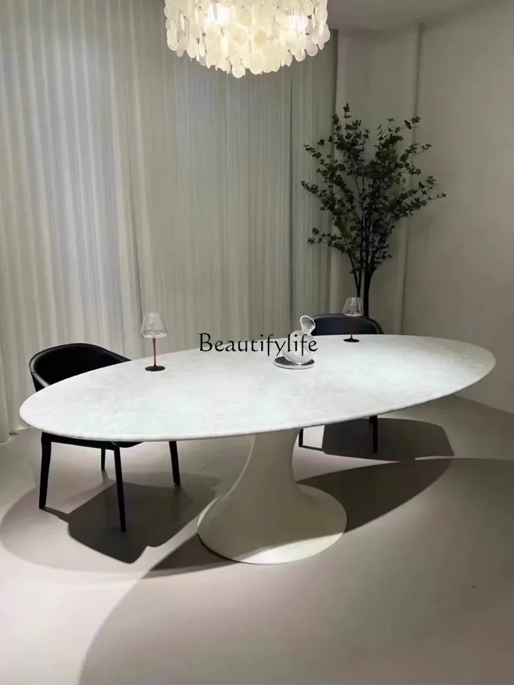 Natural marble French retro style oval rock slab dining table