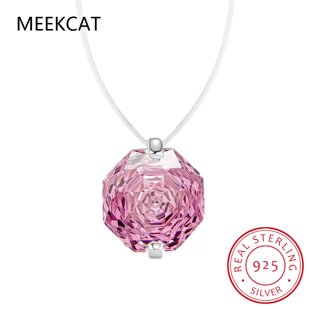 Real Moissanite Diamond Pink Octagonal Rose Cut Pendant Necklace 925 Sterling Silver Transparent Fishing Line Fine Jewelry Colar view 6