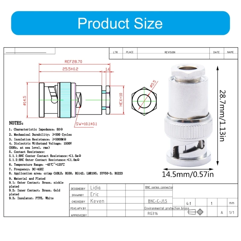 محول نقل الإشارة BNC RG58 لأجهزة الكمبيوتر والاستخدام المكتبي وصلة BNC ذات البناء النحاسي