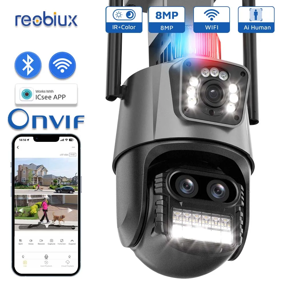 

Reobiux 8MP 4K Wifi IP Camera Three Lens Outdoor Surveillance CCTV Multiple AI Tracking Wireless PTZ Camera Security Camera