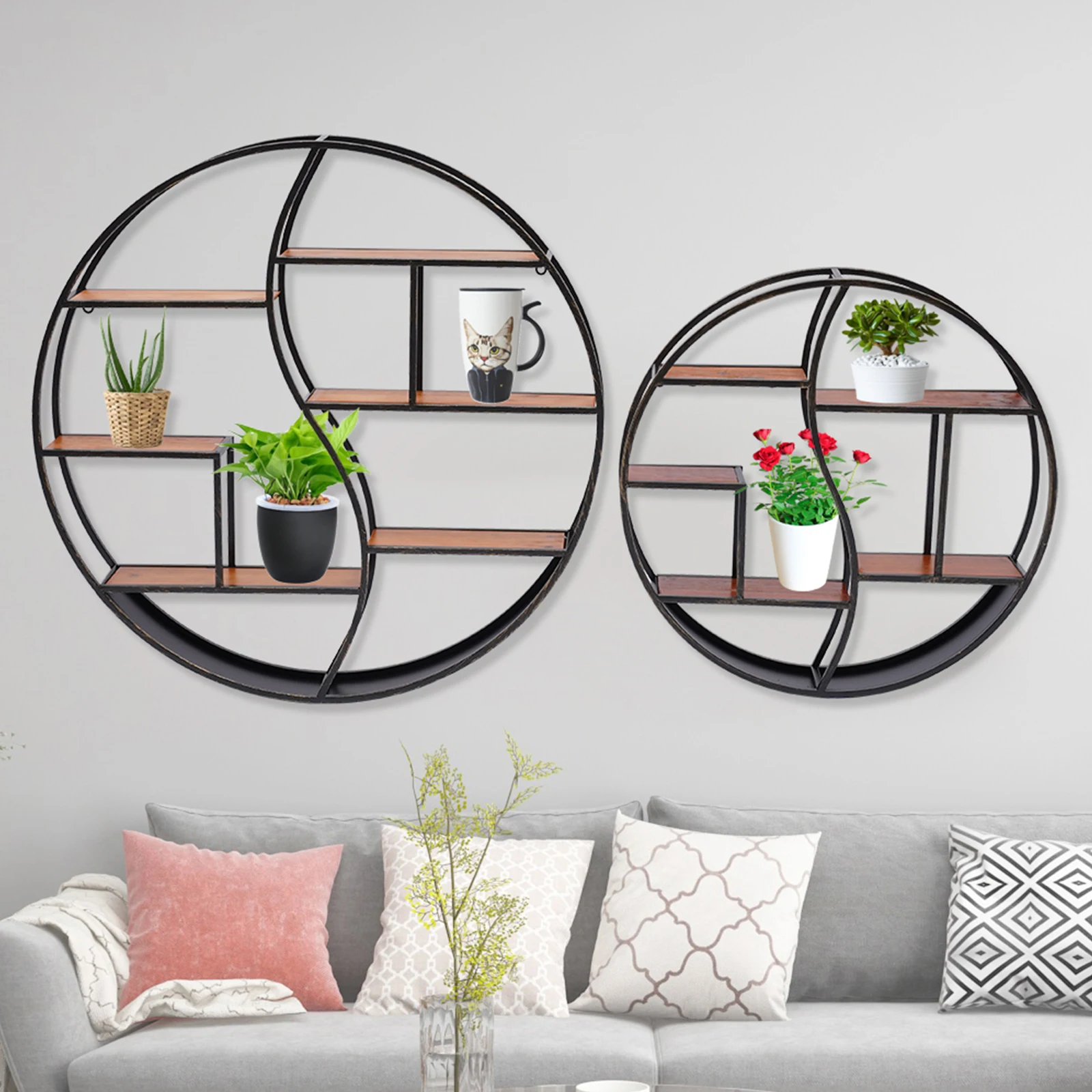 59cm/80cm Round Shelf Metal Wood Wall Decoration Storage Bookcase