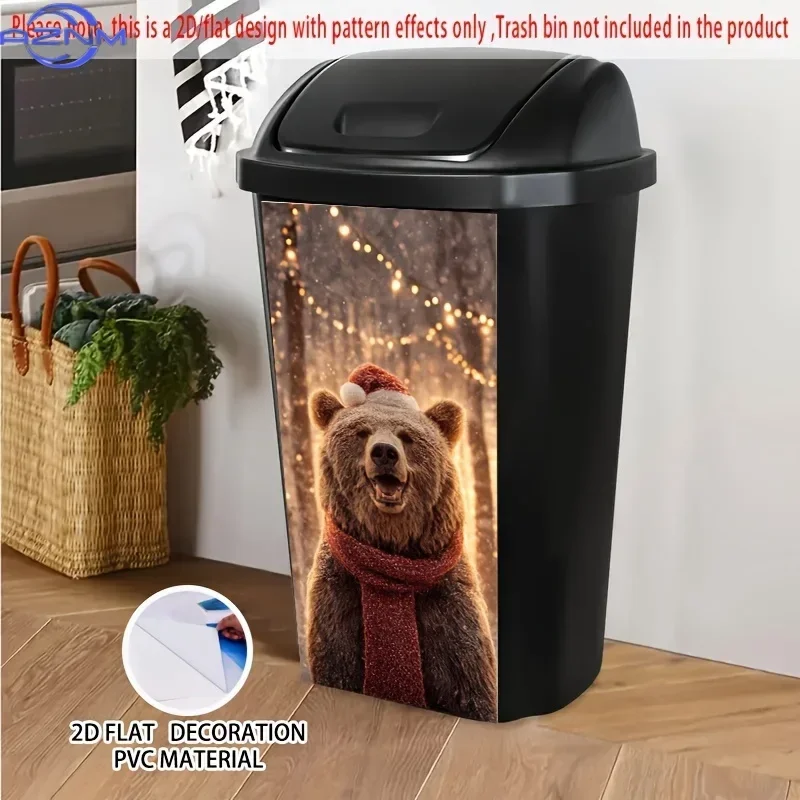 2D/FLAT Christmas Bear Self-Adhesive Dustbin Sticker, × Inches, Featuring a Brown Bear in a Santa Hat and Scarf Agai