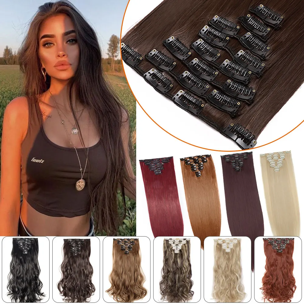 Snoilite Synthetic Long Straight Wavy 18 Clips In Hair Extensions 8Pcs/Set High Temperature Fiber Black Brown Blonde Hairpiece