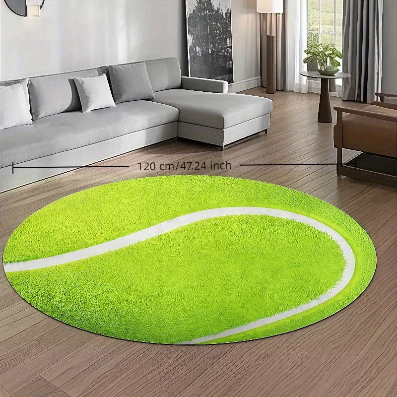 Tennis Ball Round Rug Flannel Sporty Green Design Kids Playroom Gym Yoga Studio Decor Non Slip Soft Floor Mat Athletic Theme