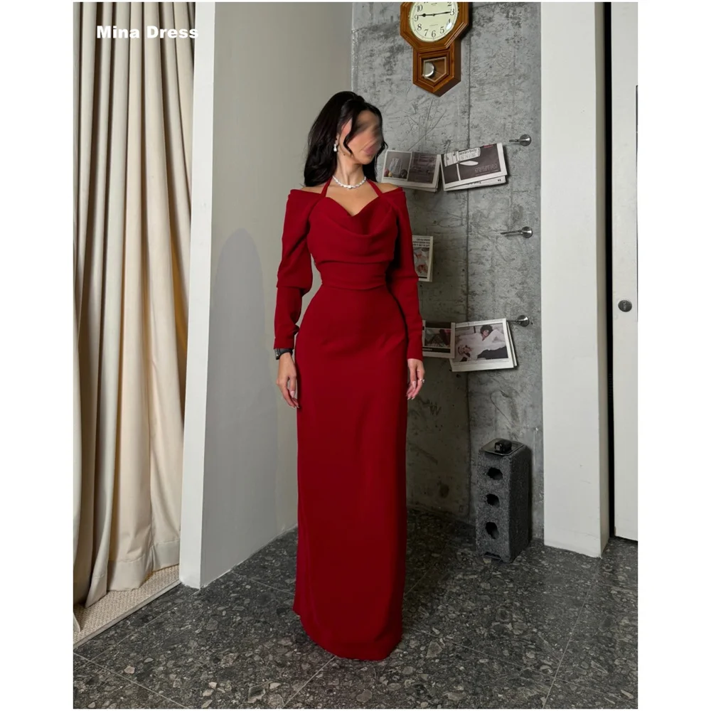 

Mina Customized Red Halter Neck Long Sleeve Prom Dress Luxurious Evening Dresses Brands Elegant Chic Woman Evening Dress Party