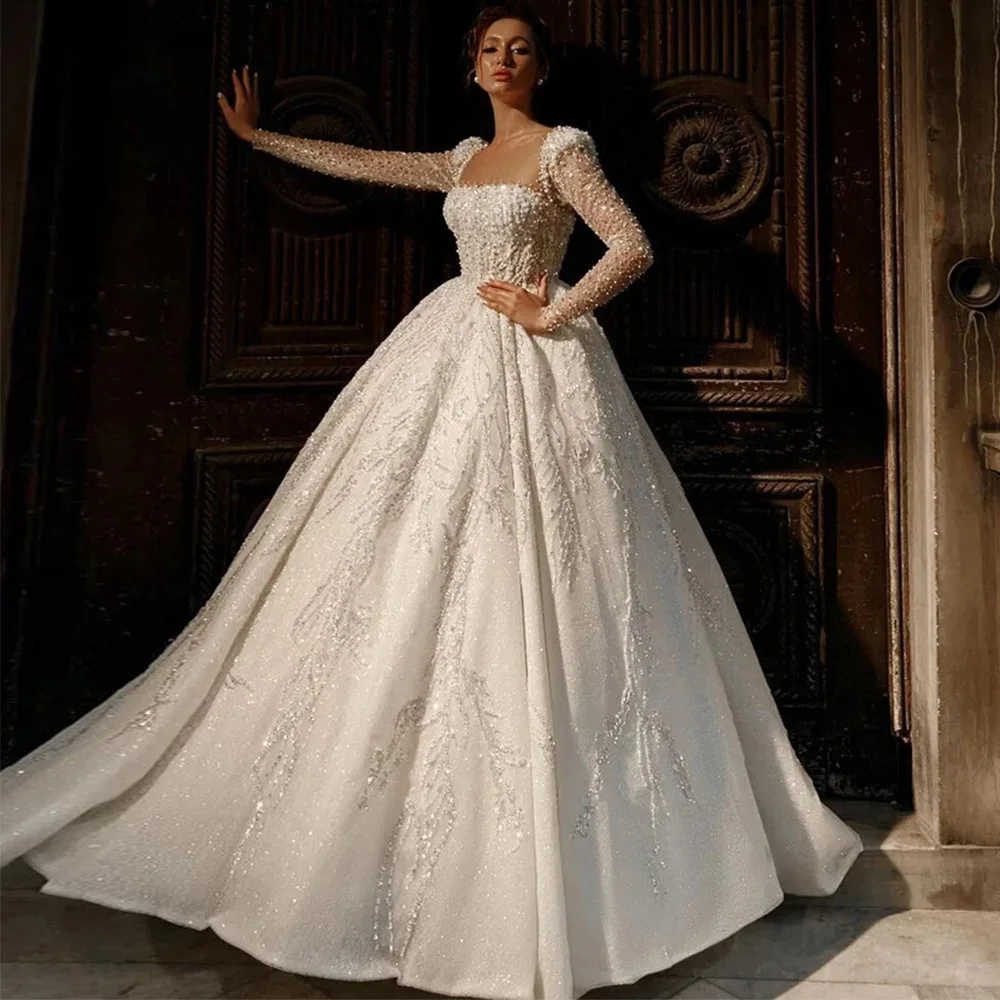 

Exquisite Sequined Beading Customized Bridal Gowns Fashion A-Line Organza Wedding Dress Modern Lace Up Back Vestido De Novia