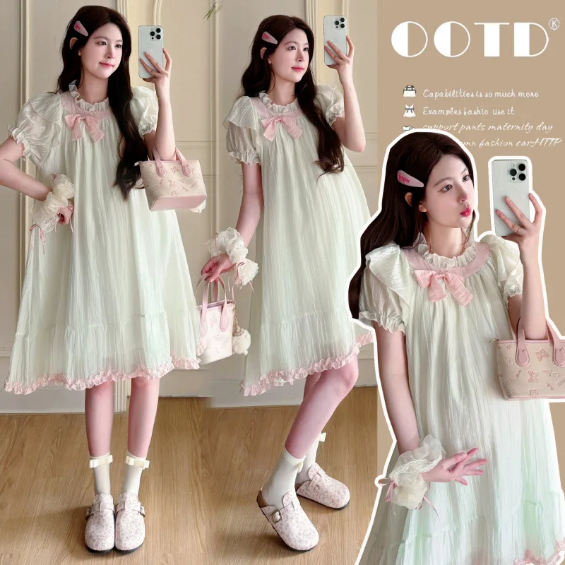 maternity-dress-summer-2026-sweet-cute-mint-green-bow-ruffled-neck-short-sleeve-a-line-loose-dress-for-pregnant-women