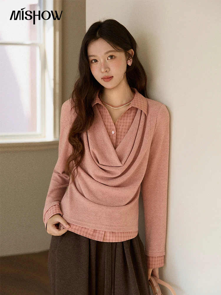 

MISHOW женский вязаный топ 2025 зимние искусственные пуловеры из двух предметов в стиле ретро, клетчатый лоскутный драпированный воротник, роскошный дизайн, розовый топ MXE87Z2747
