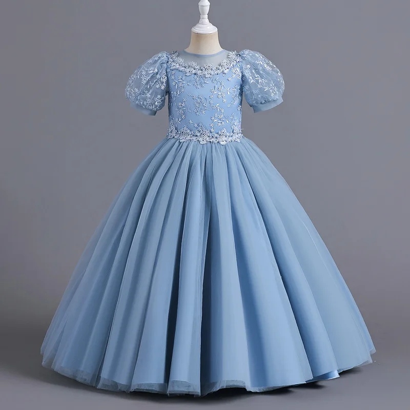4-14 Years Girls Dress 2025 Sunner Children's Princess Sequin Bubble Sleeve Long Mesh Flower Girl Wedding Little Summer Dress