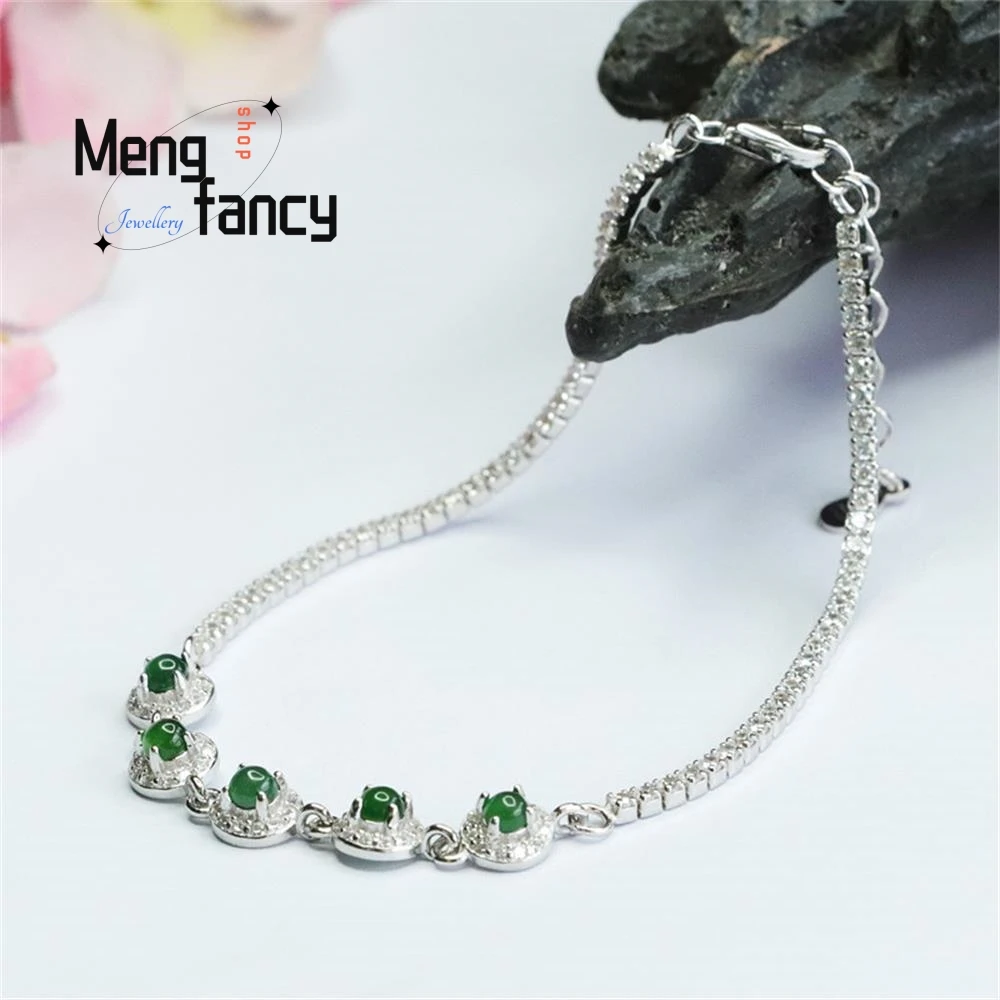 S925 Silver Lnlaid Natural Jadeite In Ice Type Imperial Green Bracelet Exquisite Elegant Charm High-grade Luxury Quality Jewelry