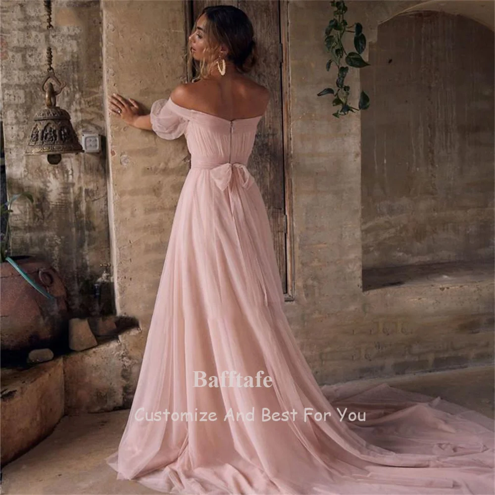 Bafftafe Customized Pink Tulle Prom Dresses A Line Short Sleeves Evening Dress Split Vintage Women Formal Party Wedding Gowns