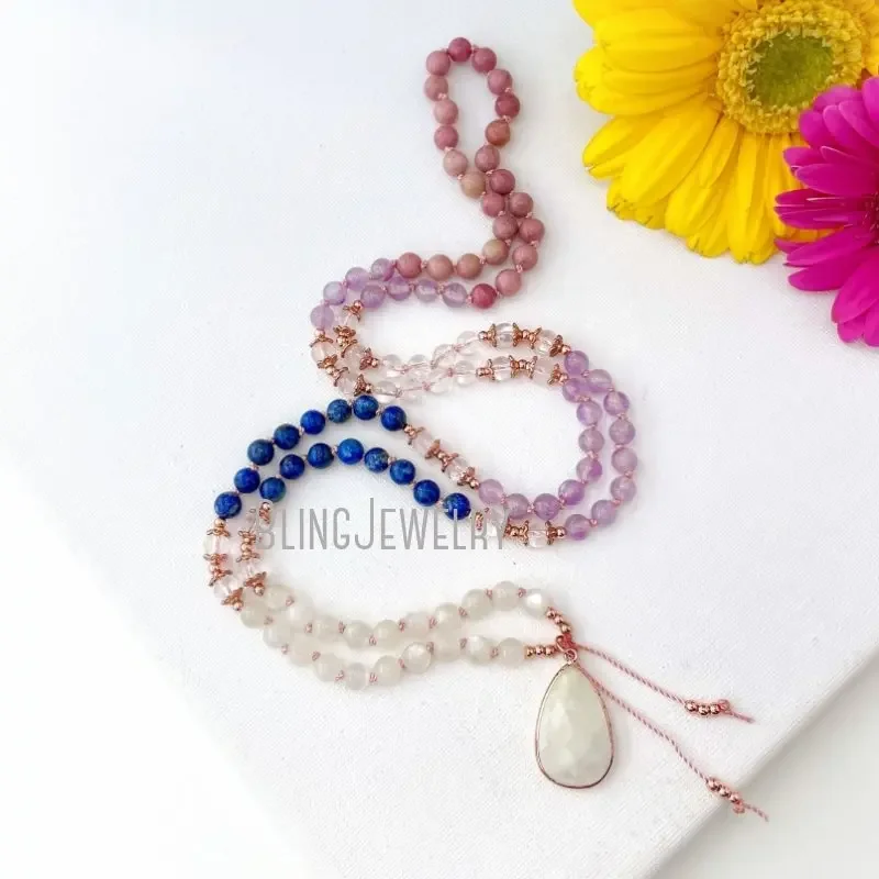 10pcs 108 Mala Necklace Women Amethyst Moonstone Quartz Blue Lapis  Beads Prayer Beads Chakra Meditation Jewelry