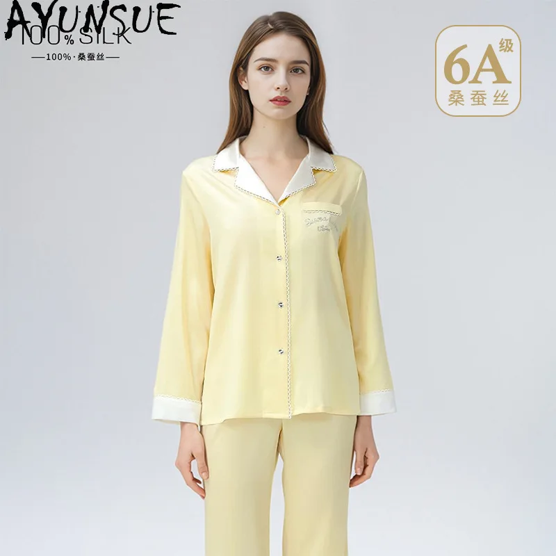

AYUNSUE 100% Silk Pajama Sets Woman High Quality Womens Matching Sets Long Sleeve Tops Long Pants Pajamas for Women Pyjama Femme