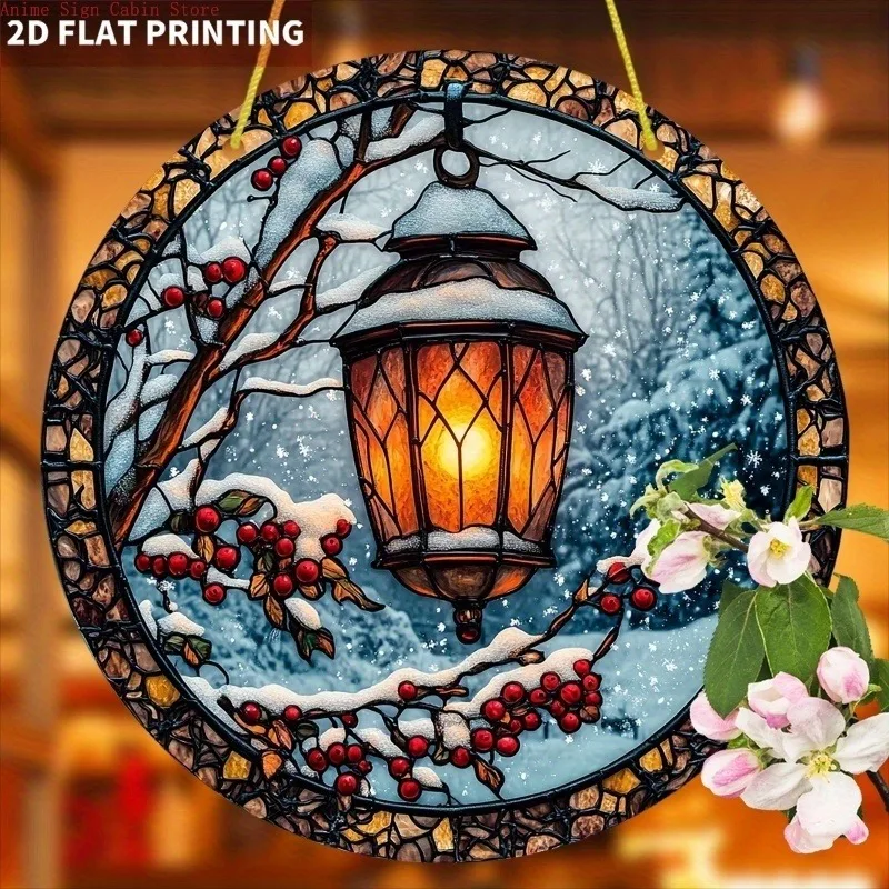 2D Flacher 1-teiliger Vintage Winter Laterne Sonnenfänger Leuchtende Fensterdekoration Rundes Acrylschild Hochzeit, Heimdekoration Geschenk für Familie