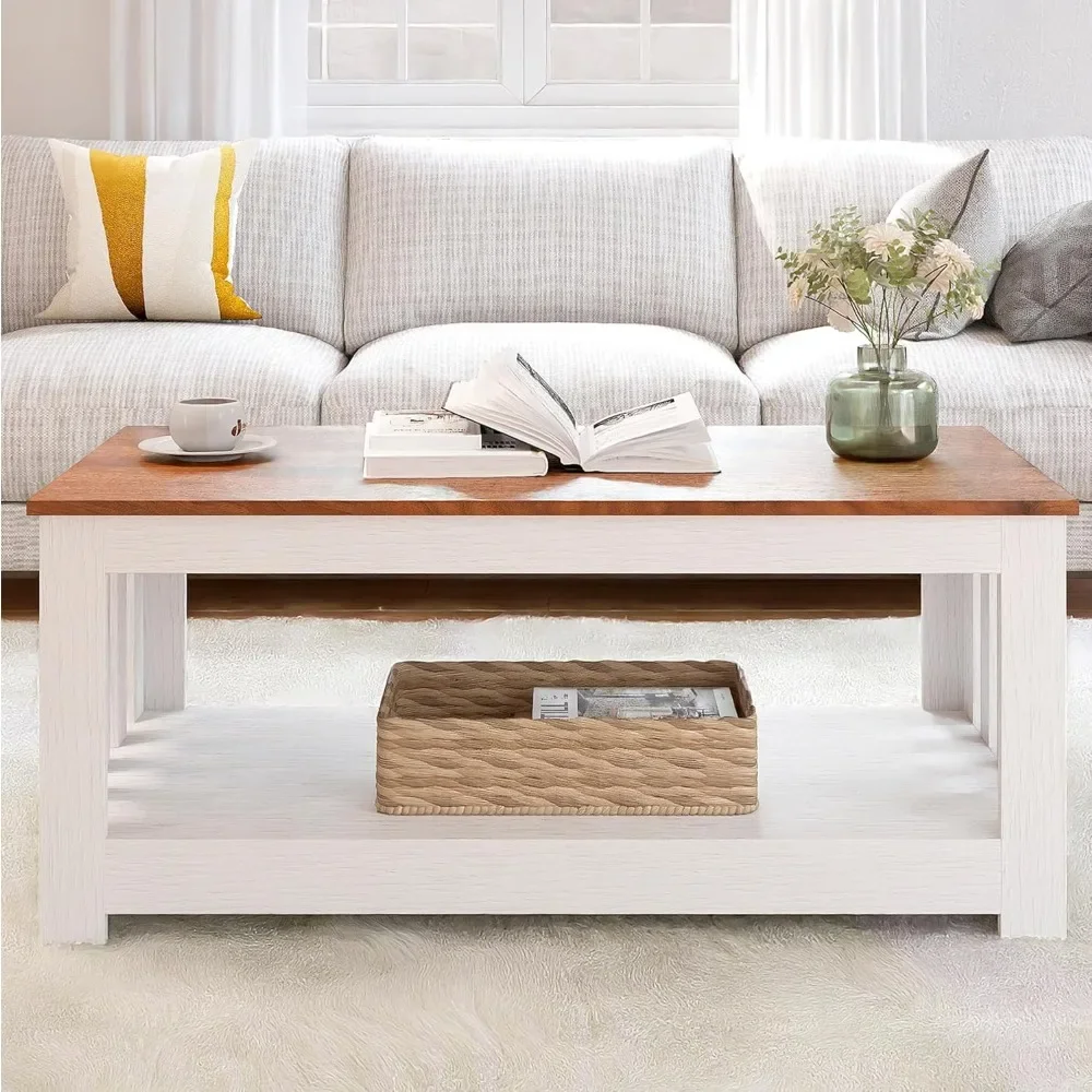 

Coffee table, Walnut White 2 Tier Rectangular Coffee Table, Scratch Resistant, Farmhouse Style, Easy to Assemble Coffee Table