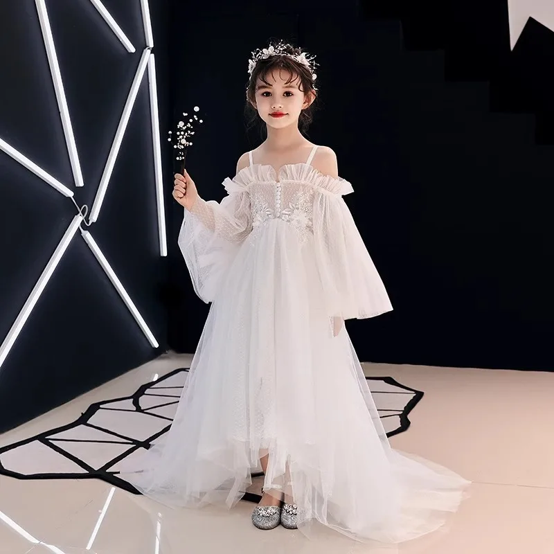 

Off-Shoulder Long Sleeve Flower Girl Dress Fairy Series Children's Tailing Wedding Dress Puffy Skirt Catwalk Performance Princes