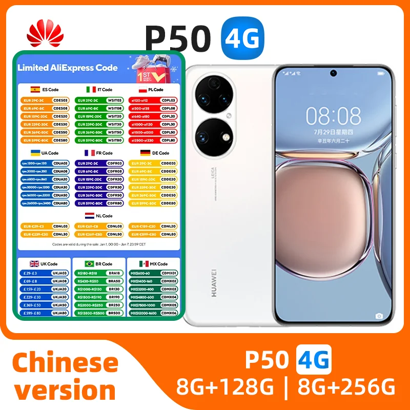 HUAWEI-teléfono inteligente P50 de 6,5 pulgadas, Smartphone usado con Android, cámara de 50MP, 4100mAh, red 4G, resistente al agua IP68, 8 + 256GB