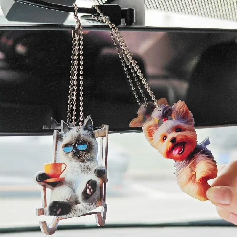 

Acrylic Puppy Kitten Car Pendant Automotive Rearview Cute Personification Cat Dog Animal Decoration Pendant Car Keychain Pendant