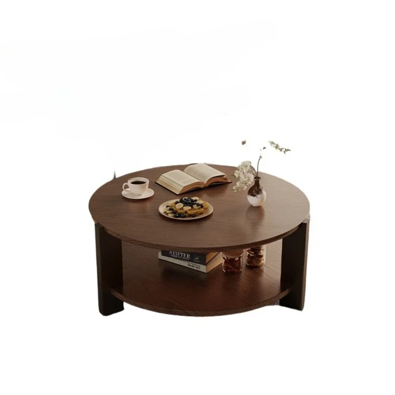 

Solid wood round coffee table, small apartment living room for home use, simple tea table medium and ancient style double layer