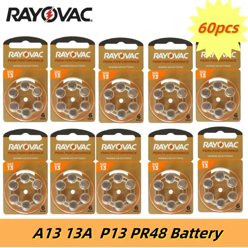 

New 60PCS 10Cards Hearing Aid Batteries Zinc Air 1.45V Rayovac Peak Size A13 13A P13 PR48 Hearing Aid Battery For hearing aids