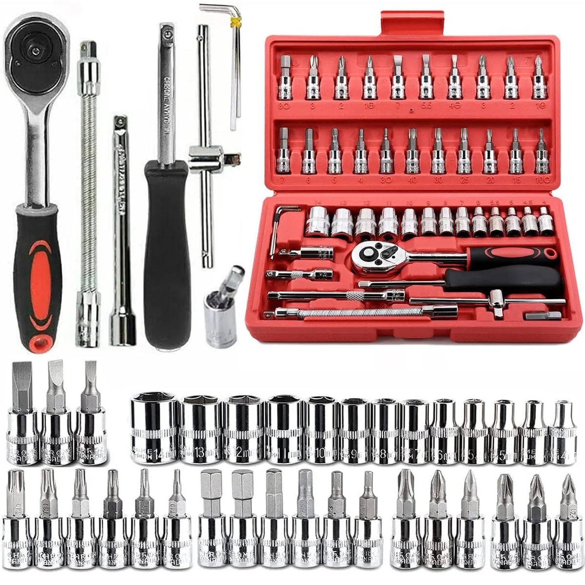

46 Pcs 1/4” Drive Socket Ratchet Wrench Set with Storage Case, Includes Metric Bit Socket Set and Extension Bar for Auto Repair