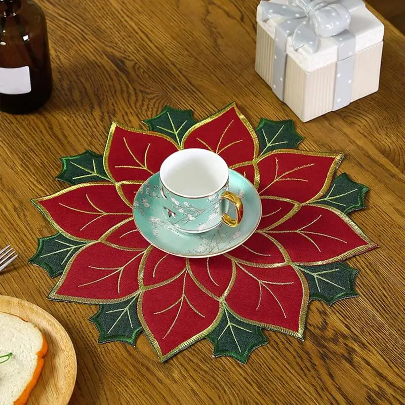 Hot Floral Placemat Embossed Flower Shaped Place Mat Holly Leaf Red Berry Placemat Party Holiday Home Kitchen Dining Table Decor