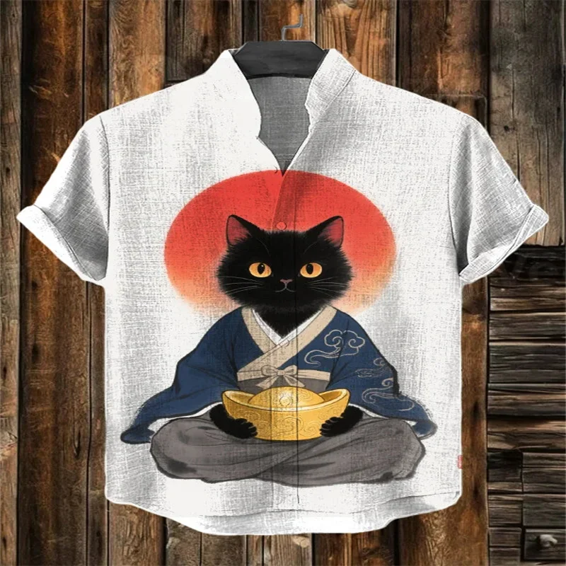 

Men's cat print short-sleeved shirt, stand-up collar retro casual top, breathable slim fit shirt, outdoor casual Hawaiian shirt.