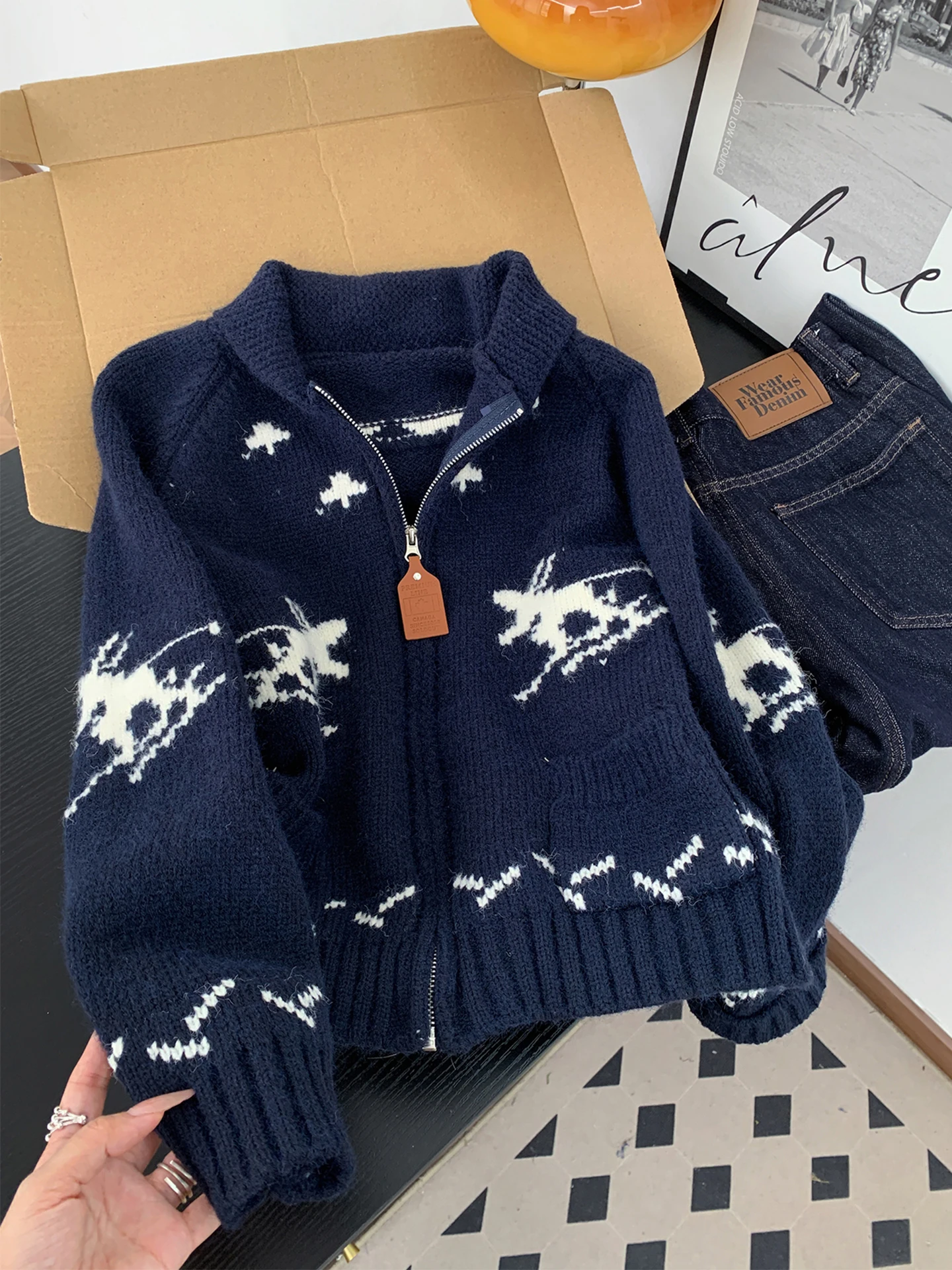 

Вязаный кардиган в скандинавском стиле в стиле ретро, женский осенне-зимний ленивый мягкий уютный свитер Fair Isle, куртка с цветочным узором, отложной...